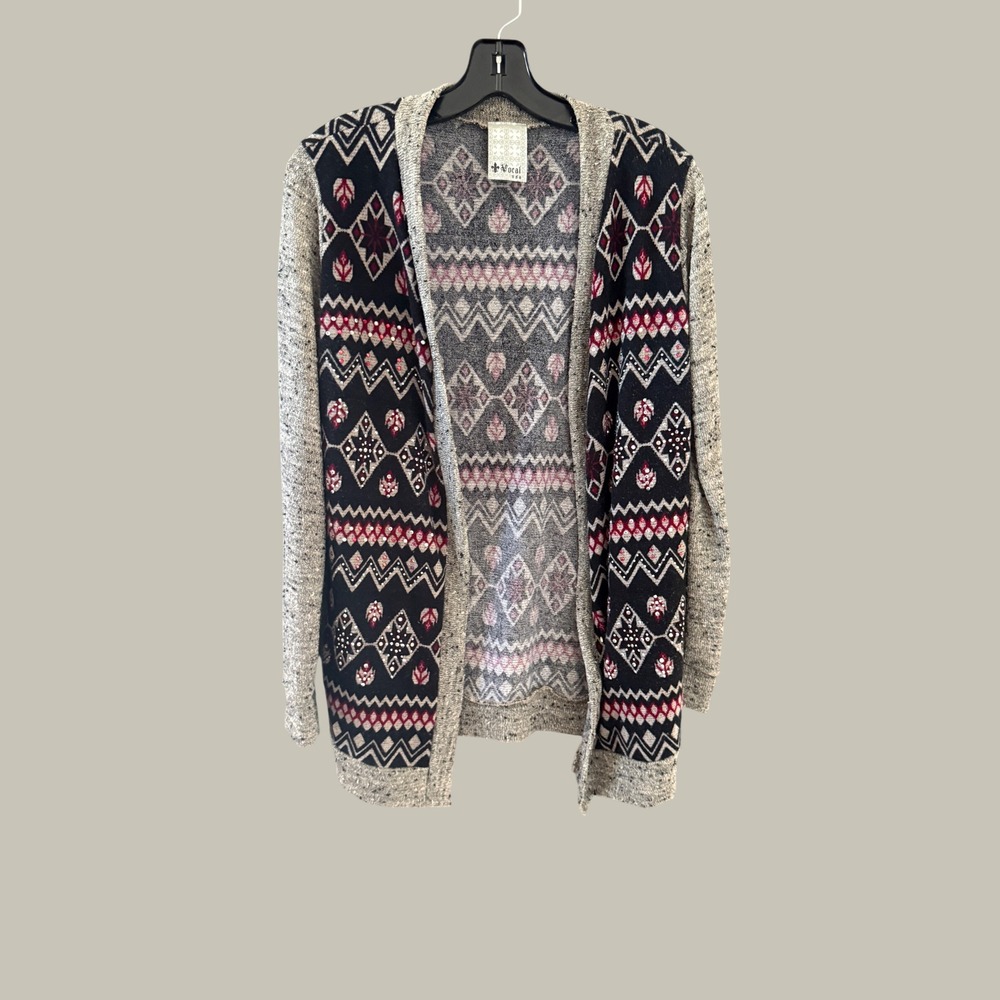 Vocal Womens Gray Black Geometric Rhinestone Western Cardigan Sweater Medium